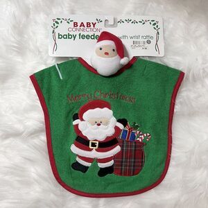 Baby Connection “Merry Christmas” Baby Feeder Bib w/ Wrist Rattle Santa RARE NWT
